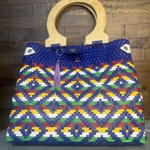 Beach artesanal bag blue white and yellow